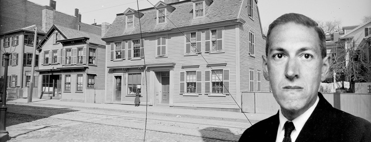 HP Lovecraft in front of Crowninshield-Bentley House from a Thing on the Doorstep.